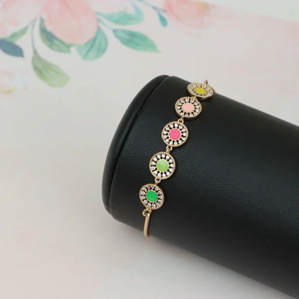 Rose Gold Adjustable Bracelet with Colorful CZ Disc Charms, XPAB0659